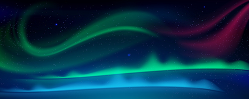 Aurora borealis, northern lights in arctic sky at night. Vector cartoon illustration of winter sky with stars and polar lights with green, blue and pink glow at midnight