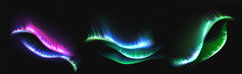 Arctic aurora borealis, polar lights, northern natural phenomena isolated on dark background. Amazing iridescent glowing wavy illumination on night sky, shining. Realistic 3d vector illustration, set