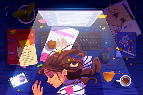 Woman sleep on workplace at night top view, tired girl lying on messy desk with rubbish, spilled coffee and documents near glow computer monitor. Working burnout, deadline, Cartoon vector illustration