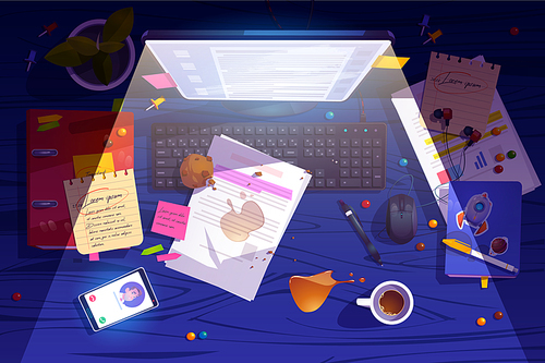 Messy night workplace top view, clutter office desk, work space with mess, spilled coffee, crumbled muffin and document around glowing pc monitor, mobile and task list, Cartoon vector illustration