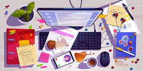 Messy workplace top view, clutter office desk, work space with mess spilled coffee, crumbled muffin and document around laptop. Mobile headset and task list with candies, Cartoon vector illustration
