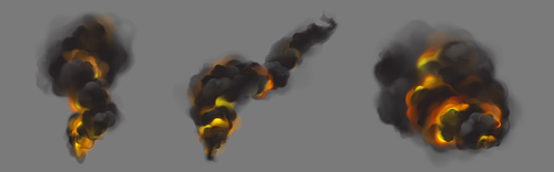 Black smoke clouds from burning fire. Vector realistic set of dark hot fog streams, smoke with orange and yellow backlight from flame, fiery smog isolated on gray background