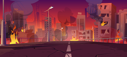 City in fire, war destroy, abandoned burning broken buildings with smoke and flame view from cracked bridge. Bomb destruction, natural disaster, cataclysm consequences, cartoon vector illustration