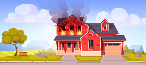 Fire in house, burning two-storey suburban cottage, flame with long tongues in real estate countryside building residential dwelling with garage. Dangerous accident at home Cartoon vector illustration