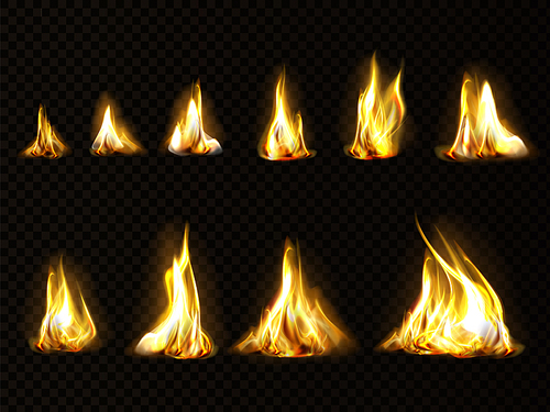 Realistic fire set for animation, torch flame isolated on transparent background. Burning blaze effect, glow orange and yellow shining flare design elements 3d vector illustration, icon, clip art