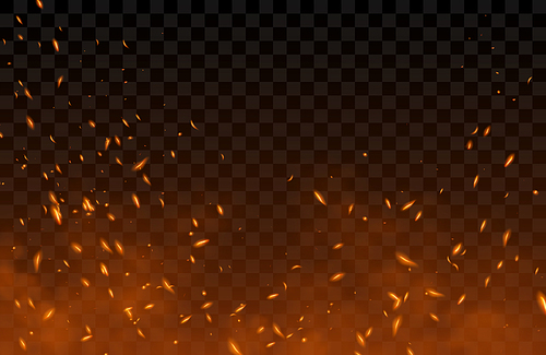 Smoke, sparks and fire particles, flying up embers and burning cinder. Vector realistic heat effect of flame in bonfire, from blacksmith works or hell isolated on transparent background