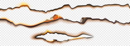 Burnt paper edges with fire and black ash isolated on transparent background. Vector realistic set of borders and frames from scorched and smoldering paper sheets with torn edges