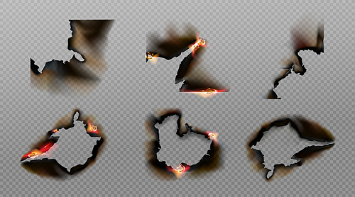 burn paper corners, holes and borders, burnt page with smoldering fire on charred uneven edges, parchment sheets in flame. burned s isolated on transparent background. realistic 3d vector set