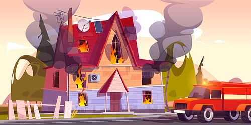 Fire truck at burning house, suburban cottage in flame with long tongues. Dangerous accident at home, firefighters vehicle near blazing countryside building or dwelling, Cartoon vector illustration
