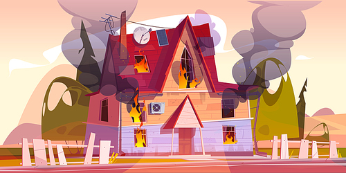 House on fire, home burn with flame and clouds of black smoke. Concept of disaster, accident, danger. Vector cartoon landscape with burning old suburban cottage, fence and green trees