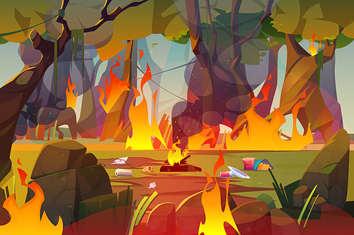 Fire in forest, polluted wood with raging flames and trash. Nature pollution, garbage contamination, blazing trees and waste around. Save Earth planet, ecological catastrophe Cartoon vector concept