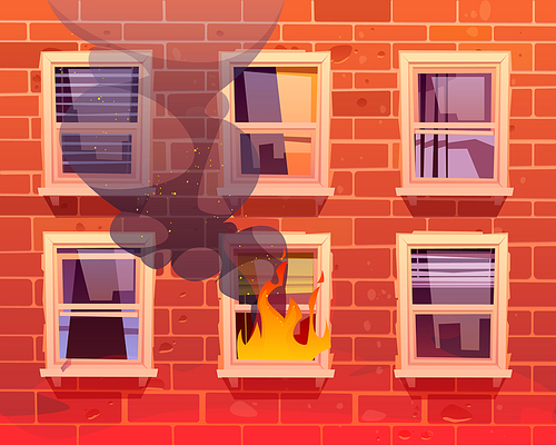 Fire in house, window with burning flame, long blazing and black steam at real estate building facade of red brick. Dangerous accident at home or residential dwelling, Cartoon vector illustration