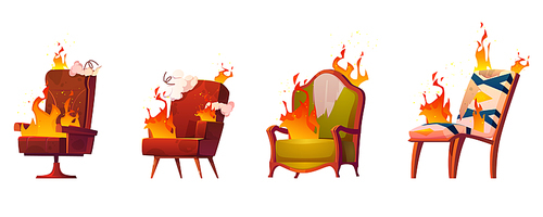 Burning broken chairs and armchairs, old junk furniture in fire, defected home interior objects with torn upholstery and sticking springs isolated on white , Cartoon vector illustration, set