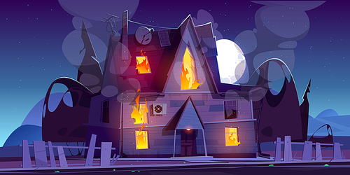 Fire in house at night, burning suburban cottage with flame in windows. Long blaze tongues raging over in real estate countryside building . Dangerous accident at home, Cartoon vector illustration