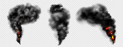 Black smoke with fire, dark fog clouds or steam trails. Industrial smog, factory or plant environmental air pollution isolated on transparent background, Realistic 3d vector illustration, icons set