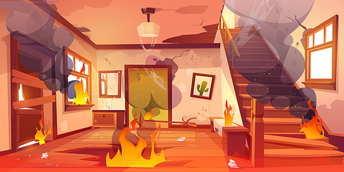 Old abandoned house on fire. Flame and black smoke clouds inside home. Vector cartoon interior of burning home hallway with dirty walls, boarded up door, garbage, broken wooden staircase and floor