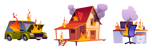 house on fire, burning car and computer on table. objects with flame and clouds of black smoke isolated on white . concept of disaster, accident, danger. vector cartoon set