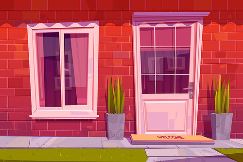 Cottage house facade front view, home building exterior of red brick with window, door and welcome rug at doorstep with potted plants, tiled path and green lawn at yard, Cartoon vector illustration