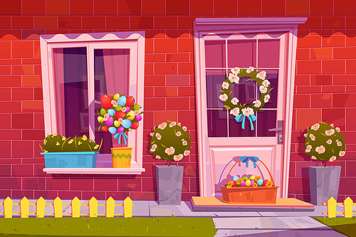 Cottage house facade decorated for Easter holiday with eggs in basket and flower wreath or bouquet. Front view home building exterior of red brick with window and door, Cartoon vector illustration