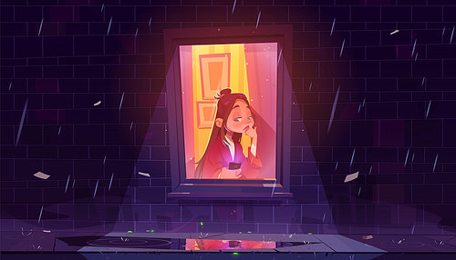 Unhappy lonely girl with smartphone by window in house at rainy night. Vector cartoon illustration of sad woman sitting at city home alone. Concept of sadness, solitude, isolation