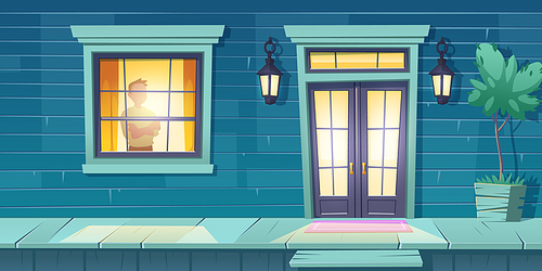 Lonely man with crossed arms stand at window look on night street. Male character at home, outside view with entrance cottage door and glow lanterns. Loneliness, melancholy Cartoon vector illustration