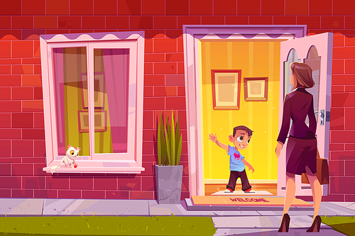 Boy greeting mother at house door. Woman coming home from work to child. Vector cartoon illustration of son welcomes mom, smiles and waving hand at entrance to brick residential building