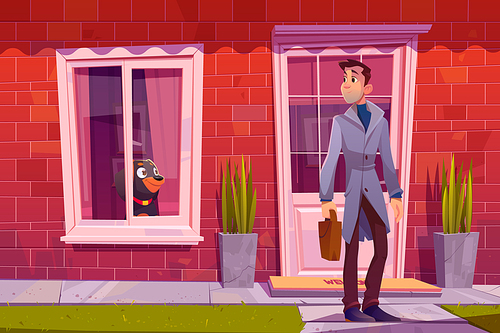 Man leaving home with dog see off him through the window. Owner male character holding bag going at work, dog waiting at home. Friendship and love to domestic animal, Cartoon Vector Illustration