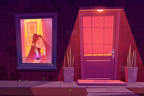 Lonely sad girl sitting alone at window with phone in hand waiting call or sms or boring. Night street outside view. Young woman at home with mobile, melancholy, isolation, Cartoon vector illustration