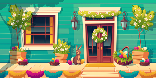 House facade with easter decoration on door and wooden porch. Colored eggs in nests, cute bunny and flower garlands on home wall. Vector cartoon building exterior with terrace and steps in spring