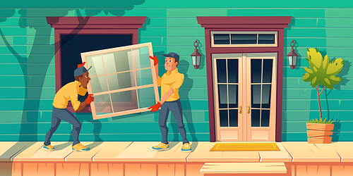 Workers install glass window at house. Construction and repair works service. Vector cartoon illustration of modern cottage facade with wooden porch and handymen carry plastic window