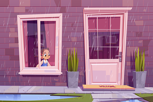 Sad little girl sitting at house window looking on street at rainy weather waiting rain stop. Boring child spend time at home, outside view of building facade with door. Cartoon vector illustration