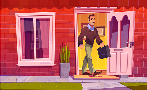 Man leaving home and going to work. Vector cartoon illustration with adult character with briefcase exits house through open door. Residential building facade with brick wall, window and plants