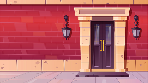 front door with stone  in old building facade from red brick. vector cartoon illustration of vintage house entrance with purple wooden door, step and lanterns