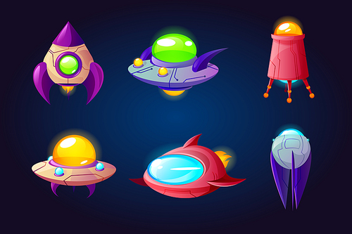Alien space ships, ufo rockets, fantasy bizarre shuttles, computer game graphic design elements, cosmic collection of funny spaceships isolated on blue background, Cartoon vector illustration set