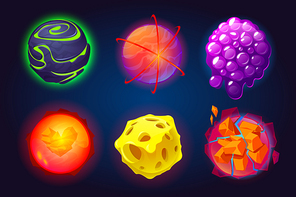Fantastic planets, cartoon galaxy game asteroids. Cosmic world, alien space ui or gui design elements. Earth, satellite, cheese, cluster and toxic glow, comet explosion cracked surface, Vector set