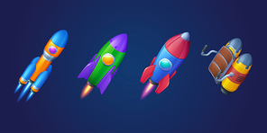 Rockets, shuttles and jetpack isolated on blue background. Vector cartoon futuristic design of different spaceships in cosmos, flying jet pack and rocketships with fire