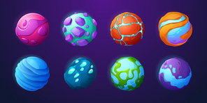 Fantasy planets in outer space for ui galaxy game. Vector cartoon icons set of alien world, fantastic cosmic objects with stones, water, holes and spiral. Magic astronomy collection