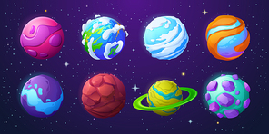 Set of fantastic planets, cartoon asteroids, galaxy ui game cosmic world objects, alien space design elements. Earth, satellite with ring, comets with clouds and oceans on surface. Vector illustration