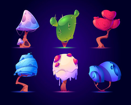 Fantasy mushrooms or alien trees set. Magic unusual nature elements for computer game, fairy tale book isolated on blue . Beautiful strange plants Cartoon vector illustration, icon, clip art