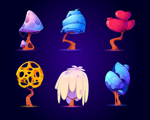 Fantasy trees for ui game about alien magic world. Vector cartoon set of fantastic mushroom, unusual trees with crown with holes, heart or fungus shape isolated on dark background