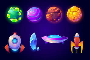 Planets, rockets and alien ufo set isolated on blue background. Fantasy computer game graphic design elements, cosmic collection of funny spaceship shuttles, asteroids Cartoon vector illustration