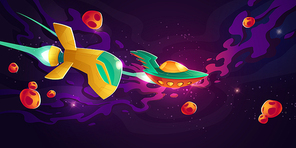 Spaceships race in outer space. Galactic competition of speed drive on rockets. Vector cartoon illustration of cosmos landscape with alien rocketships, asteroids and stars