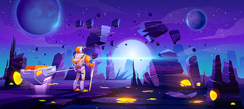 Astronaut on alien planet in far galaxy. Cosmonaut in suit and helmet holding staff and pull anti-gravity truck with glowing artefact. Spaceman stranger explore outer space cartoon vector illustration