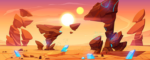 Alien planet desert in cosmos. Mars landscape background, ocher ground surface with rocks, blue crystals, two suns on sky. Martian extraterrestrial computer game backdrop, cartoon vector illustration