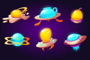 Ufo, alien space ships scrambled eggs, cup and plate with spoons rockets. Fantasy bizarre shuttles, computer game ui graphic design elements, cosmic collection of funny spaceships Cartoon vector set