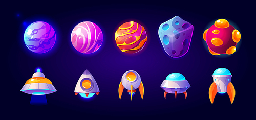 Ufo, spaceships and rockets with planets or asteroids, alien shuttles. Isolated fantasy cosmic objects, computer game graphic design elements, funny space collection, Cartoon vector illustration, set