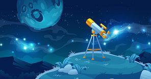 Telescope for space exploration, science discovery and astronomy studying. Equipment for watching stars and planets in cosmos. Night landscape with glass on tripod on hill, Cartoon vector illustration