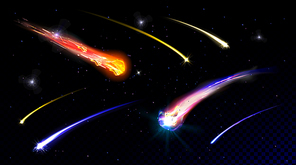 Star shooting, comets in starry sky or deep space falling with fire trail. Meteorites on galaxy background with transparency. Fireball meteors explosions in cosmos, Realistic 3d vector illustration