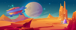 Landscape of planet Mars with colony base and flying rocket. Vector cartoon futuristic illustration of alien red planet surface, spaceship and dome building. Galaxy exploration and colonization