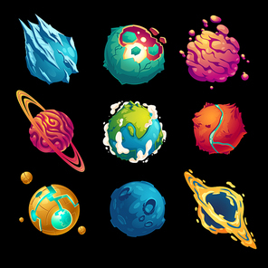 Fantastic planets, cartoon galaxy ui game asteroids set. Cosmic world, alien space design elements. Earth, satellite with rings, frozen ice, craters and technology comets surface. Vector illustration